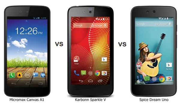 مراجعة مقارنة Android One Canvas A1 VS Karbonn Sparkle V VS Dream Uno