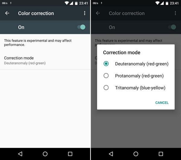 Modos de corrección de color de Android
