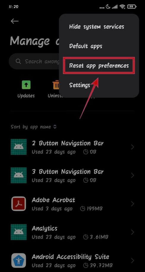   i-reset ang kagustuhan sa app para makabalik Buksan gamit ang menu android