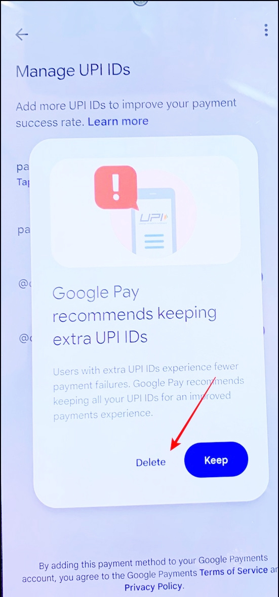   Google Pay'de UPI'yi devre dışı bırakın