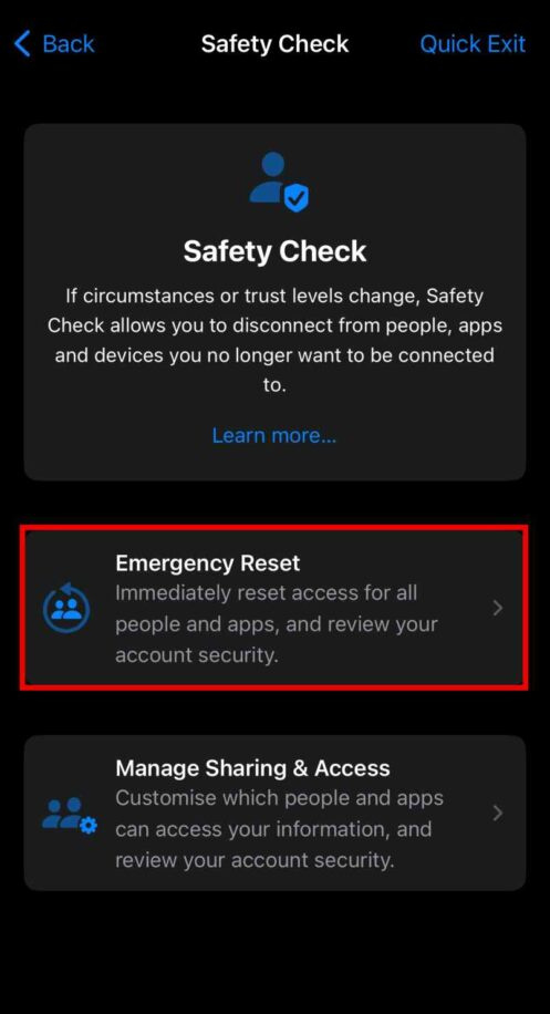   Bezpečnostní kontrola nouzového resetu na iPhone