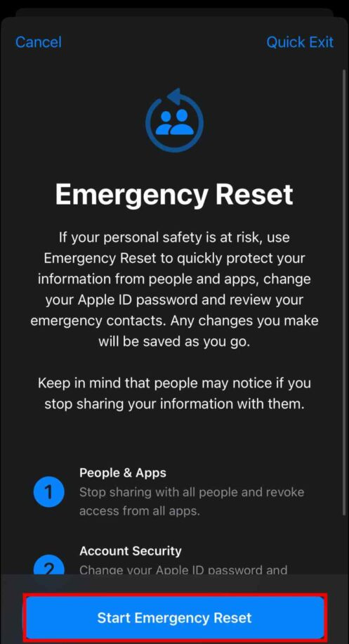   Biztonsági ellenőrzés vészhelyzeti visszaállítása iPhone-on