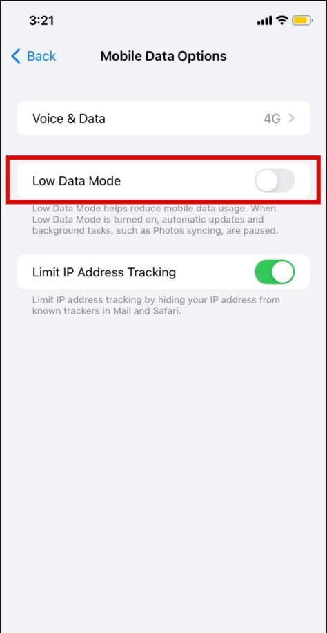   lumpuhkan mod data rendah pada iphone
