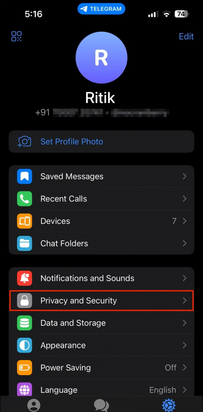   Kunci Apl Telegram pada iPhone