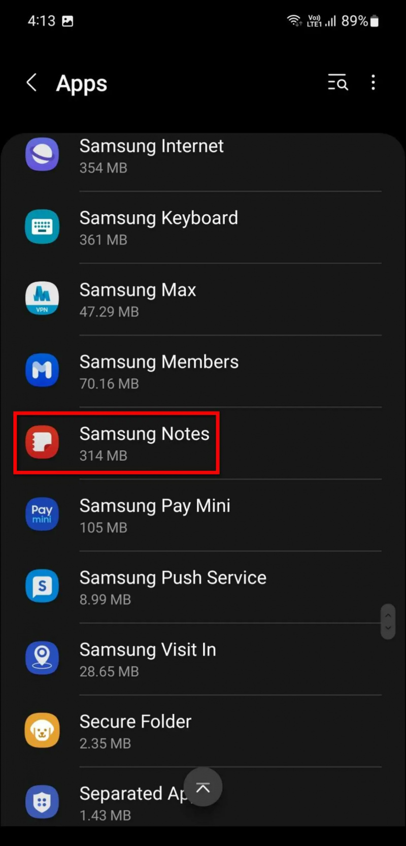   correggi l'arresto anomalo delle note Samsung