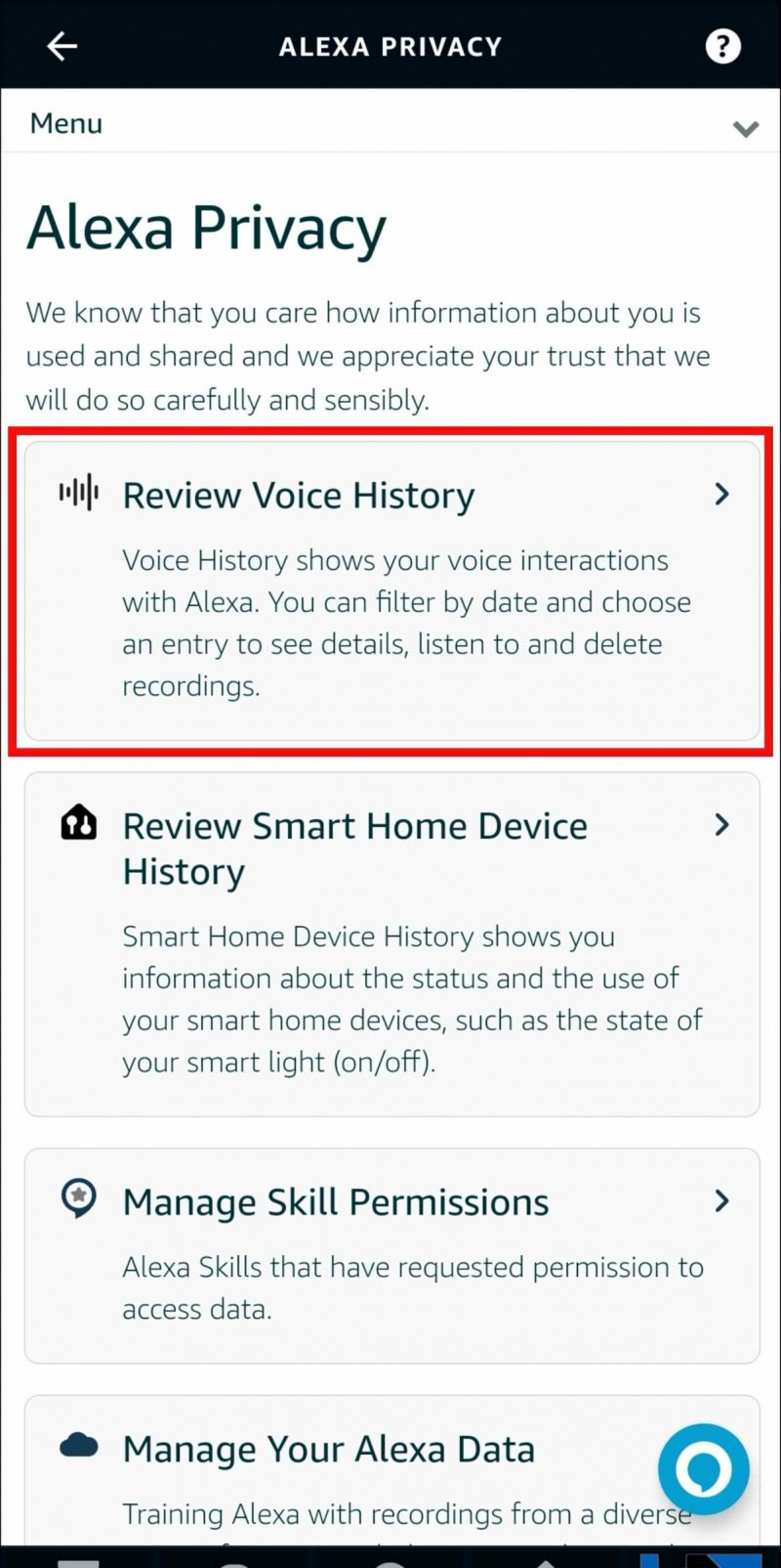   Écoutez l'historique vocal enregistré sur l'application Alexa