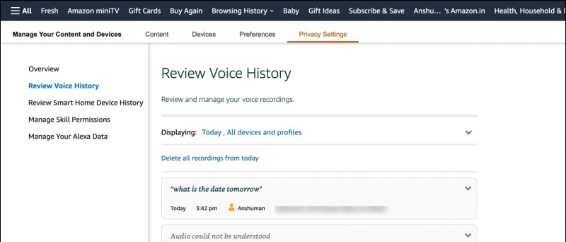   Ascolta le registrazioni vocali di Alexa sul Web