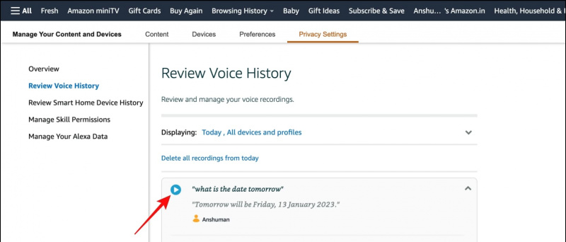   Nghe bản ghi âm giọng nói của Alexa trên web
