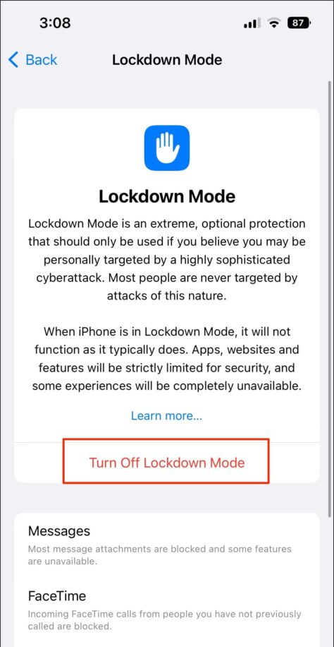   Matikan Mod Lockdown iOS 16