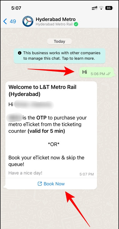   prenota i biglietti della metropolitana di Hyderabad su WhatsApp