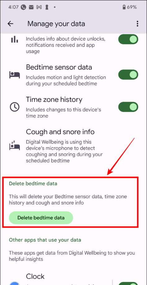   حذف بيانات وقت النوم
