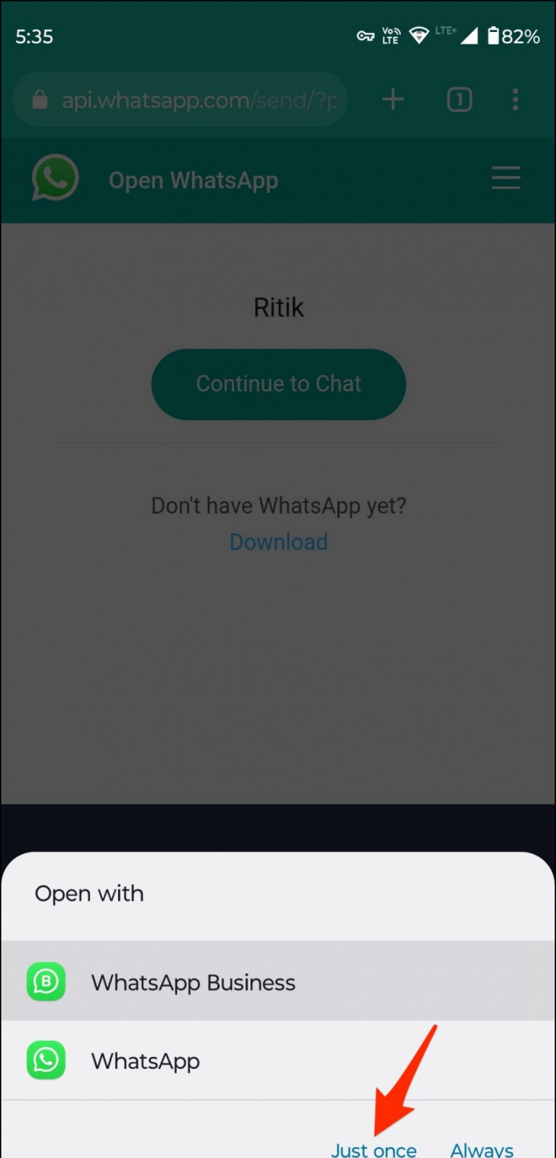   Pasikalbėkite su „WhatsApp“ nuoroda