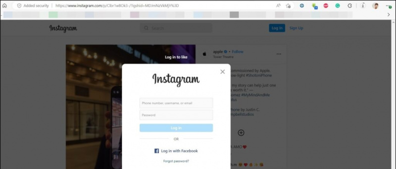   bloccare il popup di accesso a Instagram
