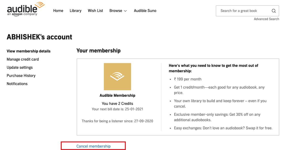 Cancelar la membresía de Amazon Audible