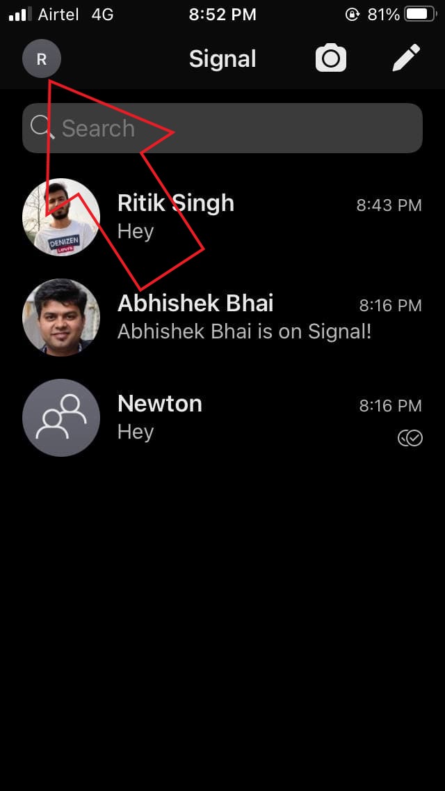 A gépelés jelzőinek be- vagy kikapcsolása a Signal Messenger iOS rendszerben