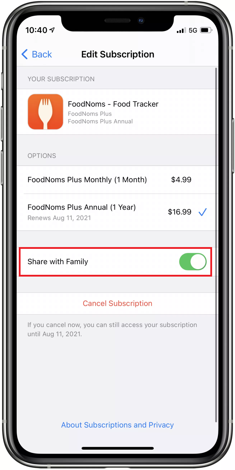 Compartilhe assinaturas e compras no aplicativo com amigos e família